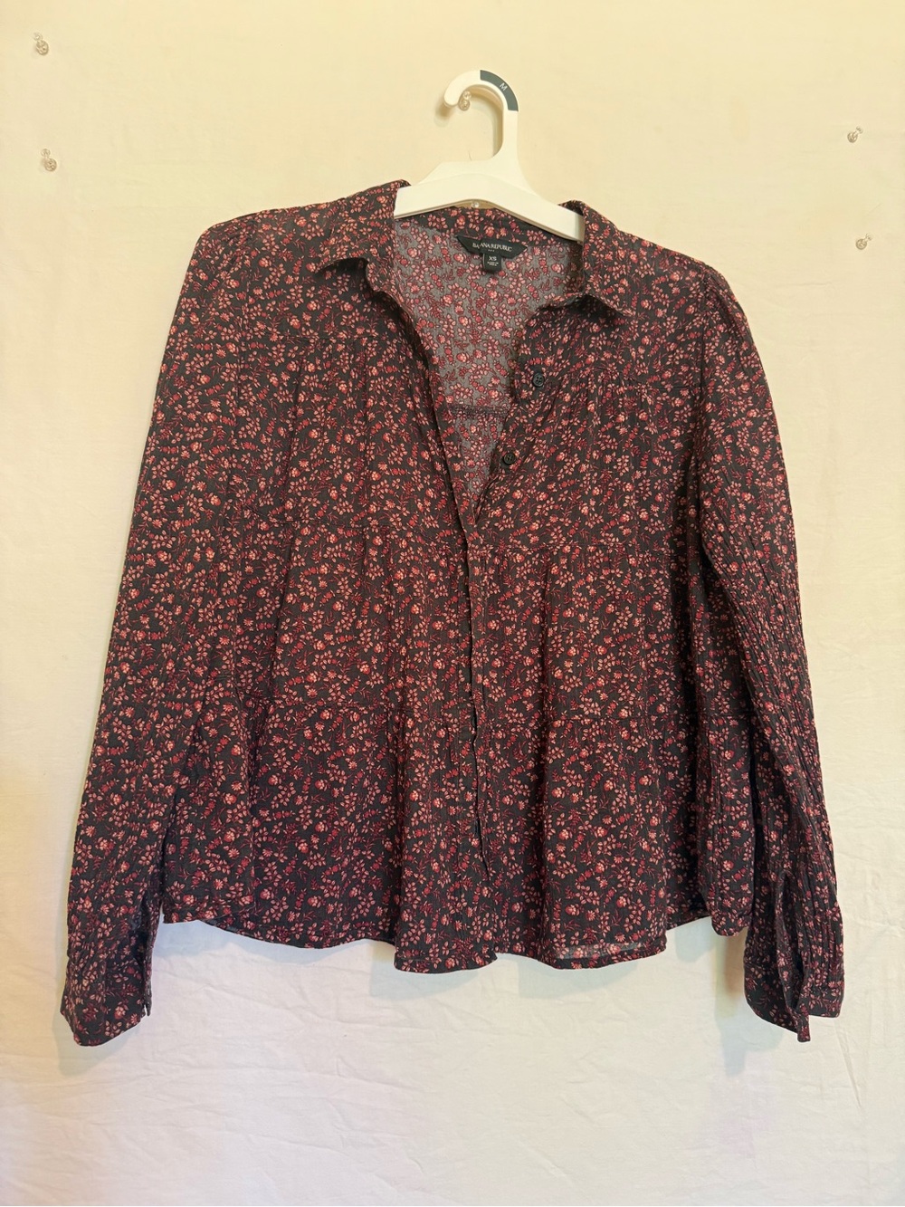 Banana Republic Dark Navy Blouse with Pink Floral Motif